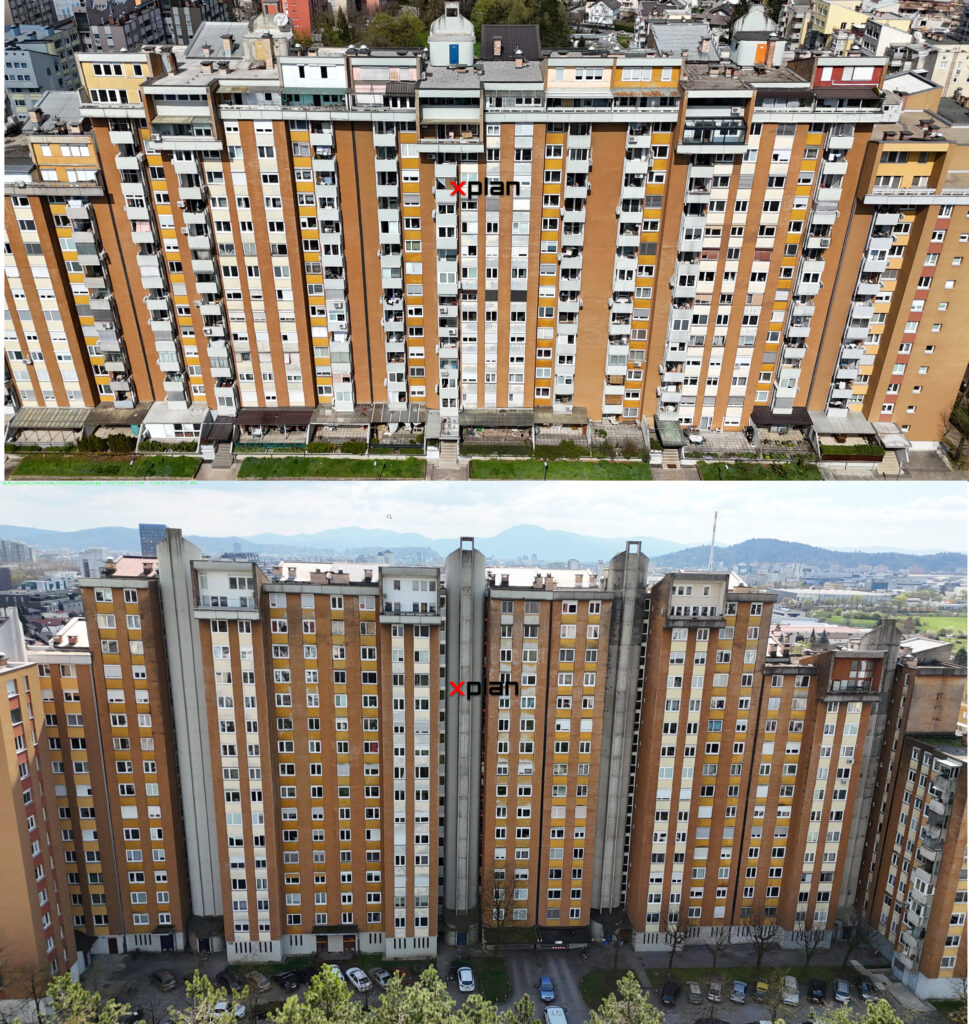 Dron posnetek stolpnice – energetska sanacija fasade, PZI projekt Eko sklad 2025