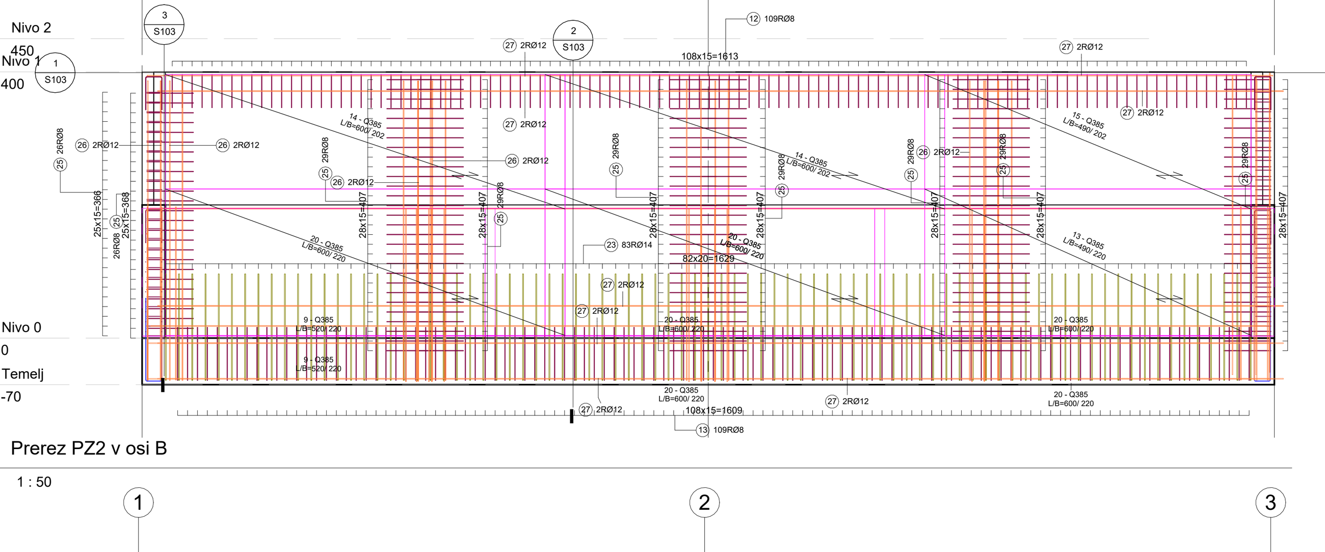 Retaining wall reinforcement drawing showing meshes and bars