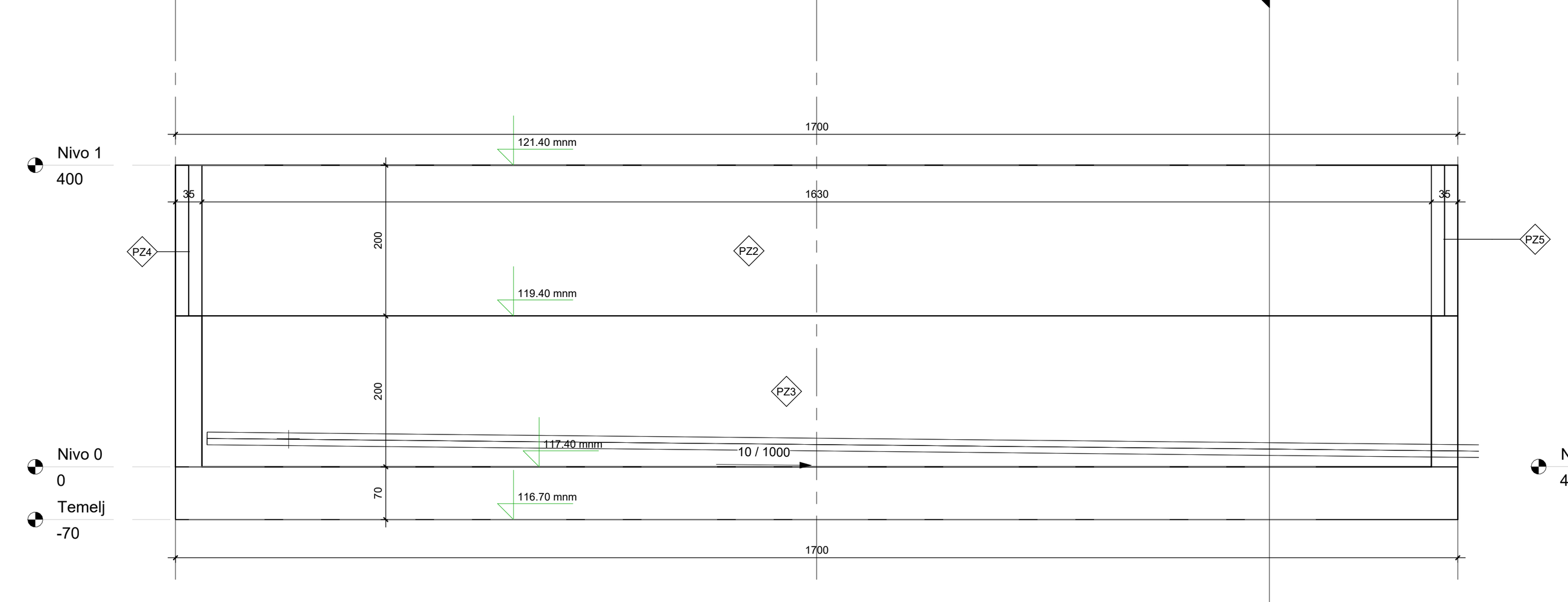 Retaining wall formwork drawing with dimensions and levels