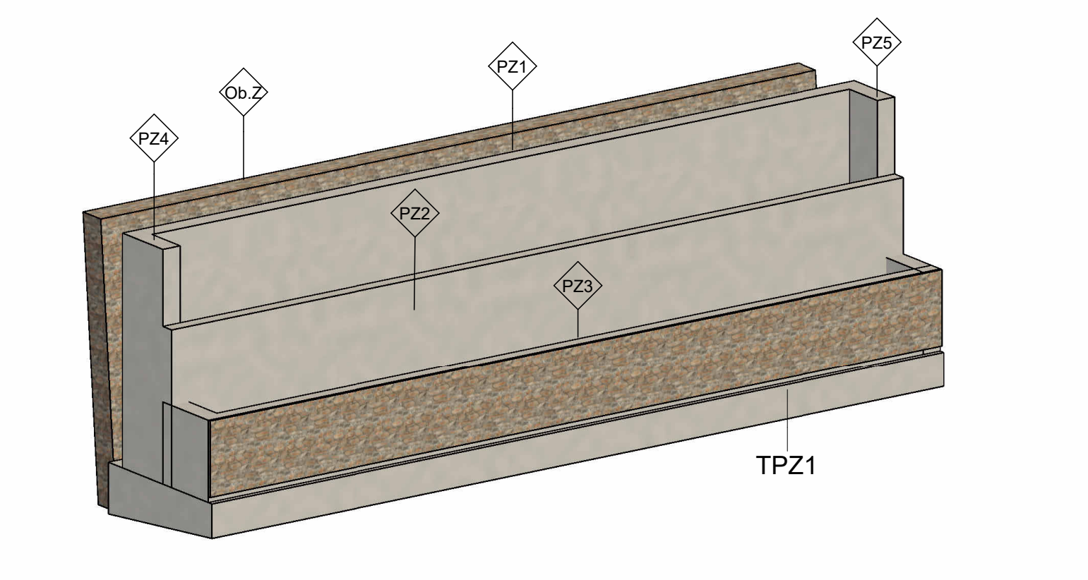 Three terraced reinforced concrete retaining walls on a common foundation slab